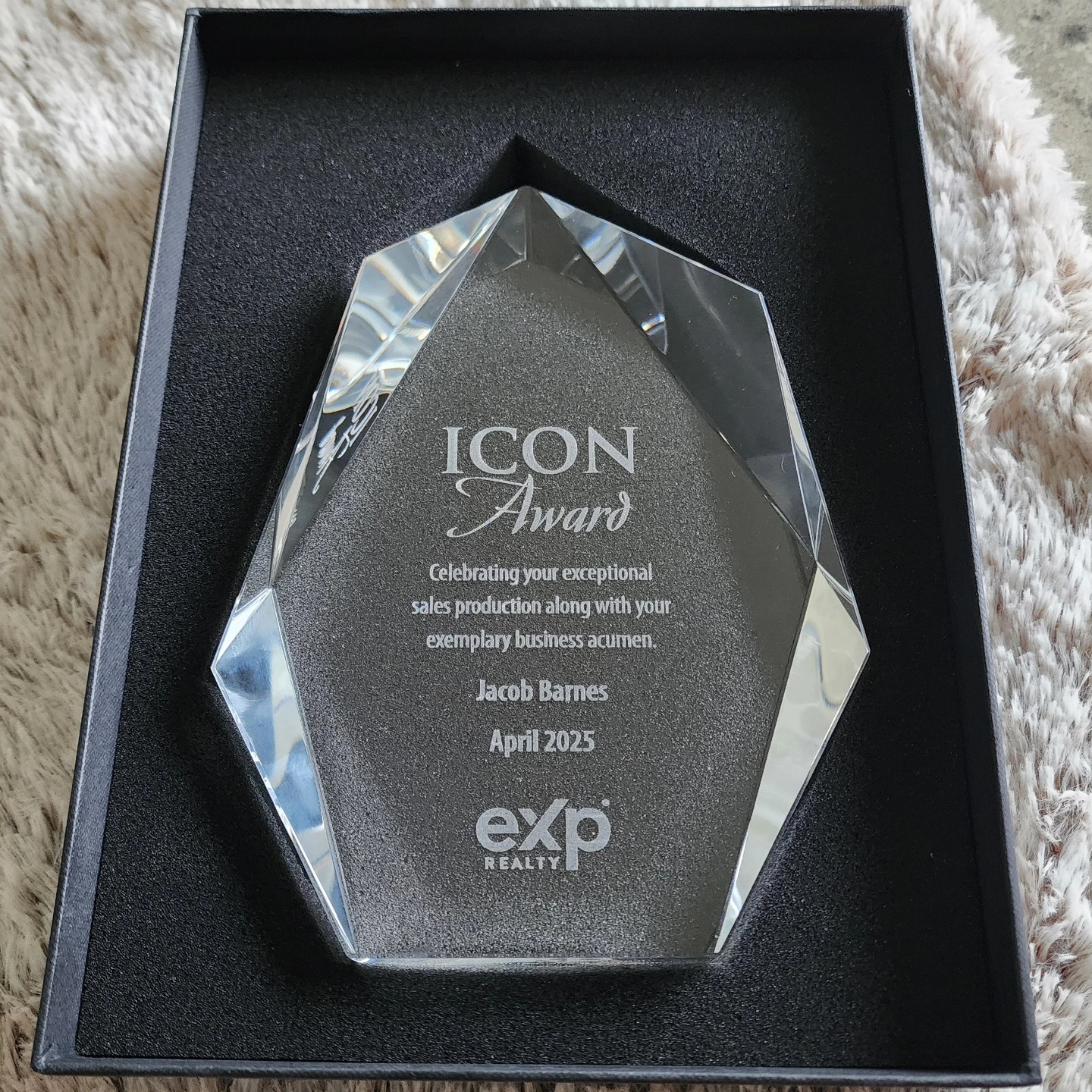 EXP Realty ICON Award presented to Jacob Barnes, April 2025