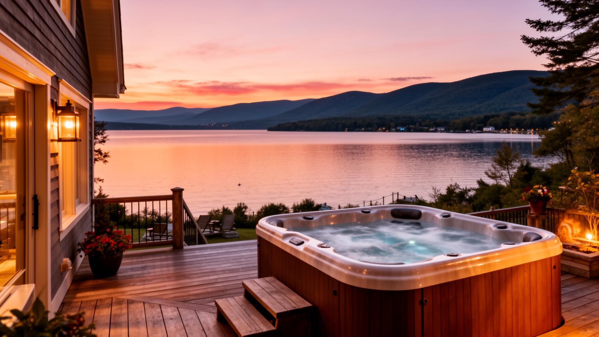 Lakeside Vermont vacation home with hot tub at sunset